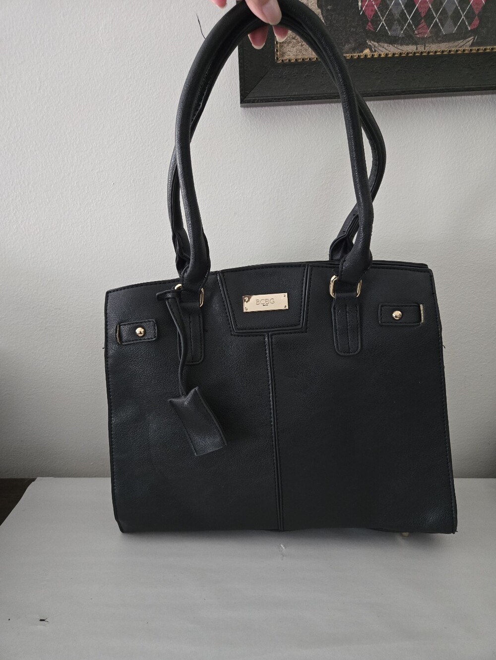 BCBG Paris Black Gaux Leather Briefcase Style Structured Shoulder Bag